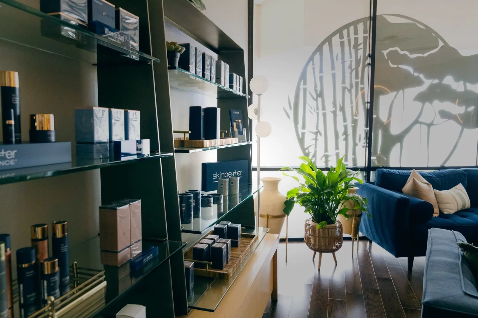 Banyan & Bamboo reception and SkinBetter Science retail shelves, South Lamar Austin