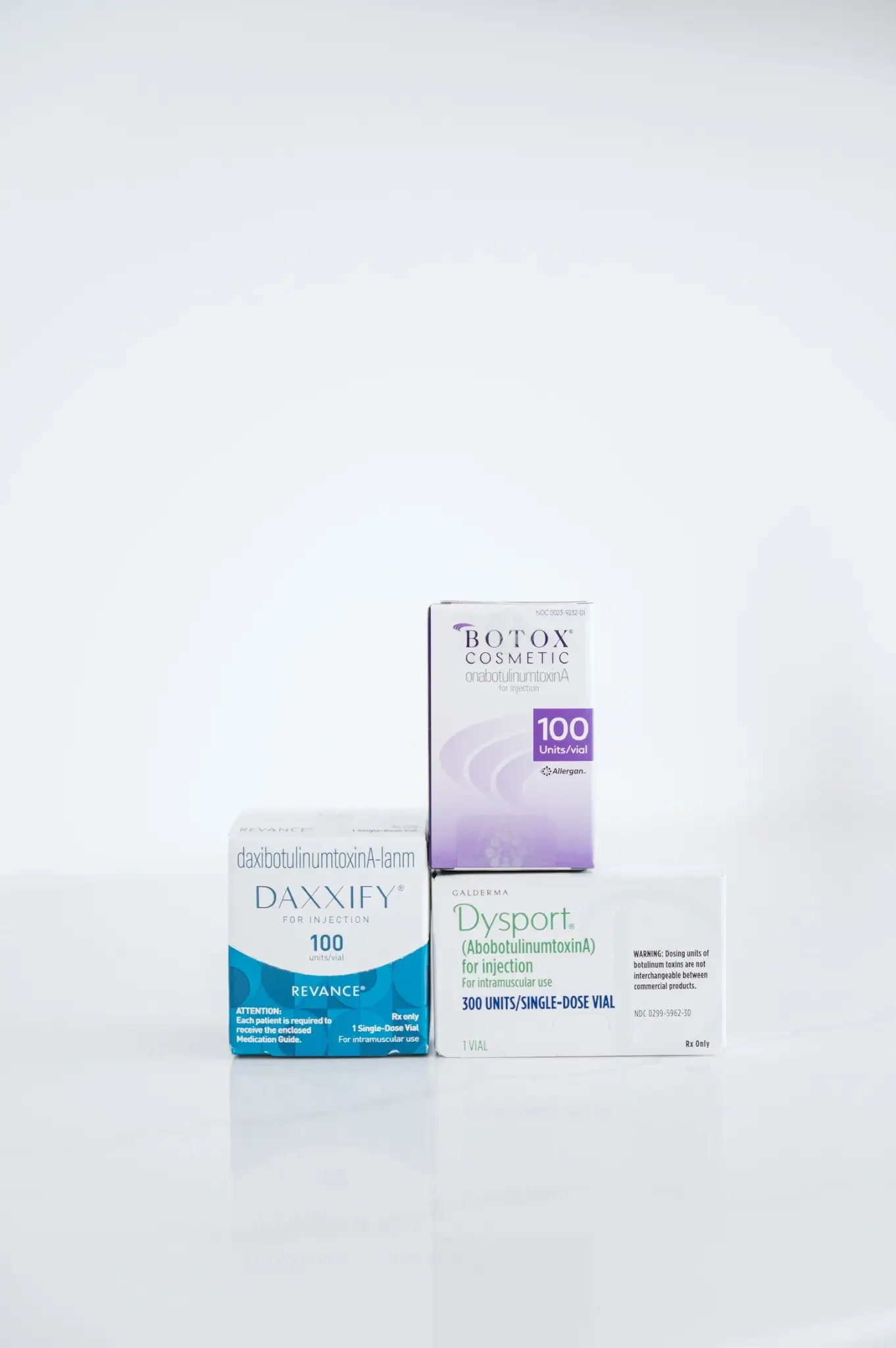 Botox, Dysport and Daxxify product boxes at Banyan & Bamboo in Austin