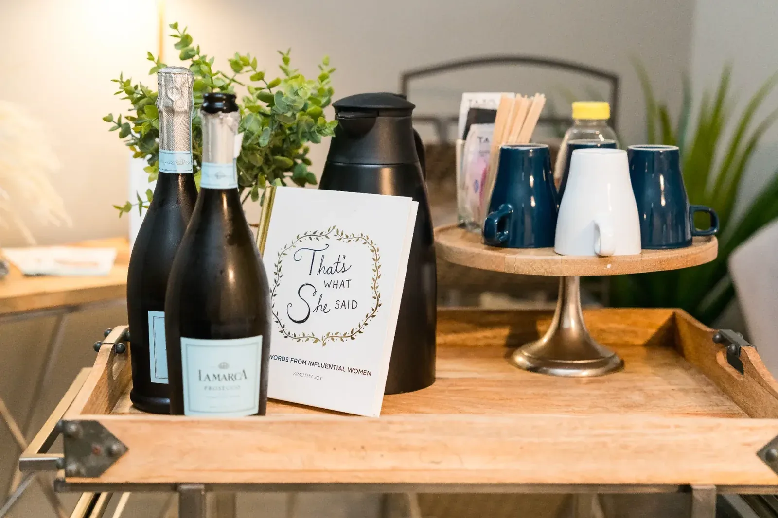 Spa day welcome tray at Banyan and Bamboo Austin — prosecco and refreshments