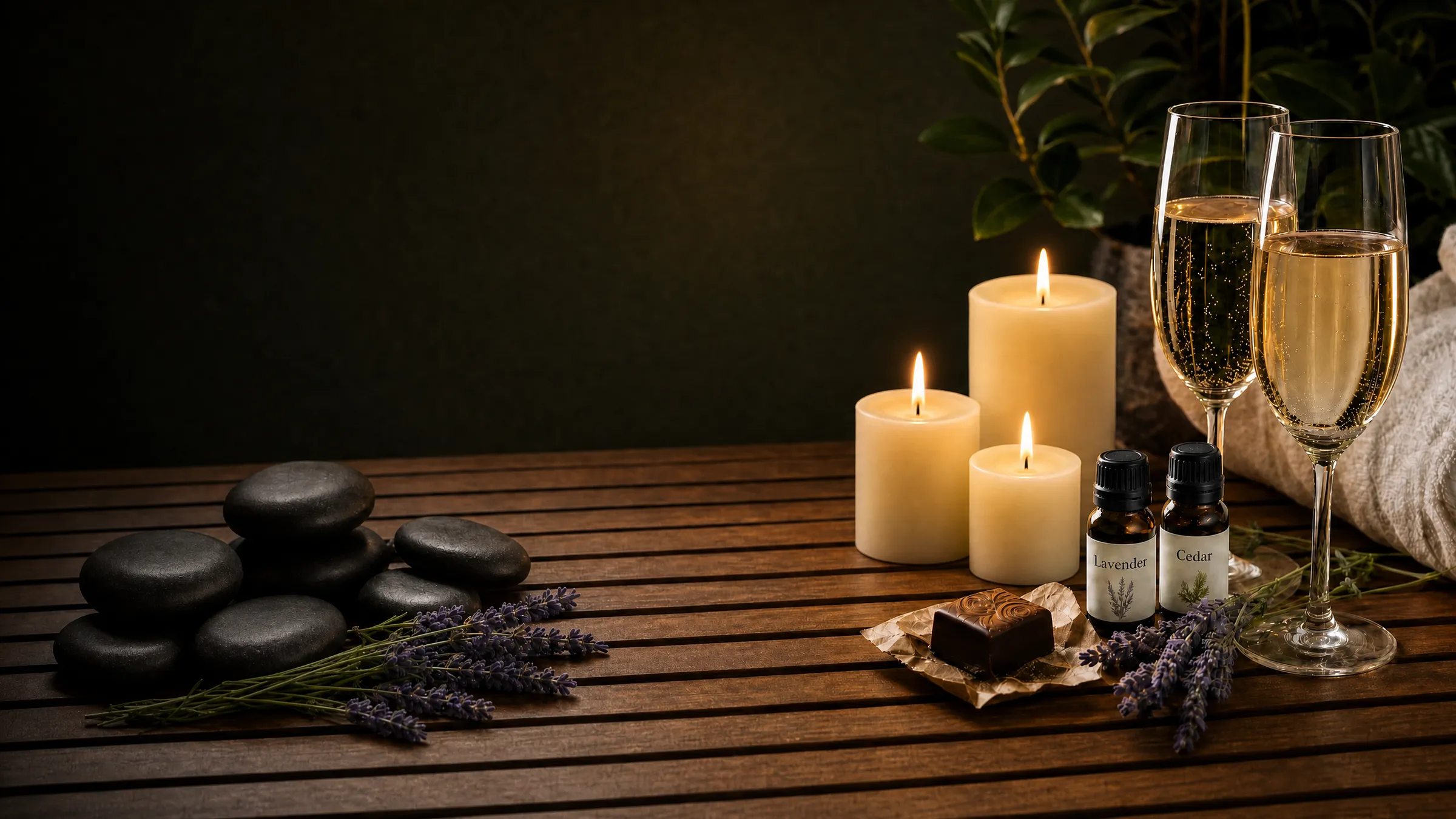 Hot stones, lavender and cedar aromatherapy, candles, chocolate, and champagne set for a couples massage at Banyan & Bamboo, South Austin