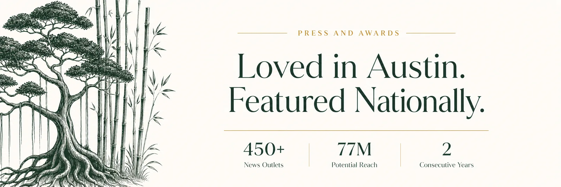 Banyan and Bamboo Press and Awards — Loved in Austin, Featured Nationally. 450+ news outlets, 77 million potential reach, 2 consecutive years named best day spa and med spa in Austin.