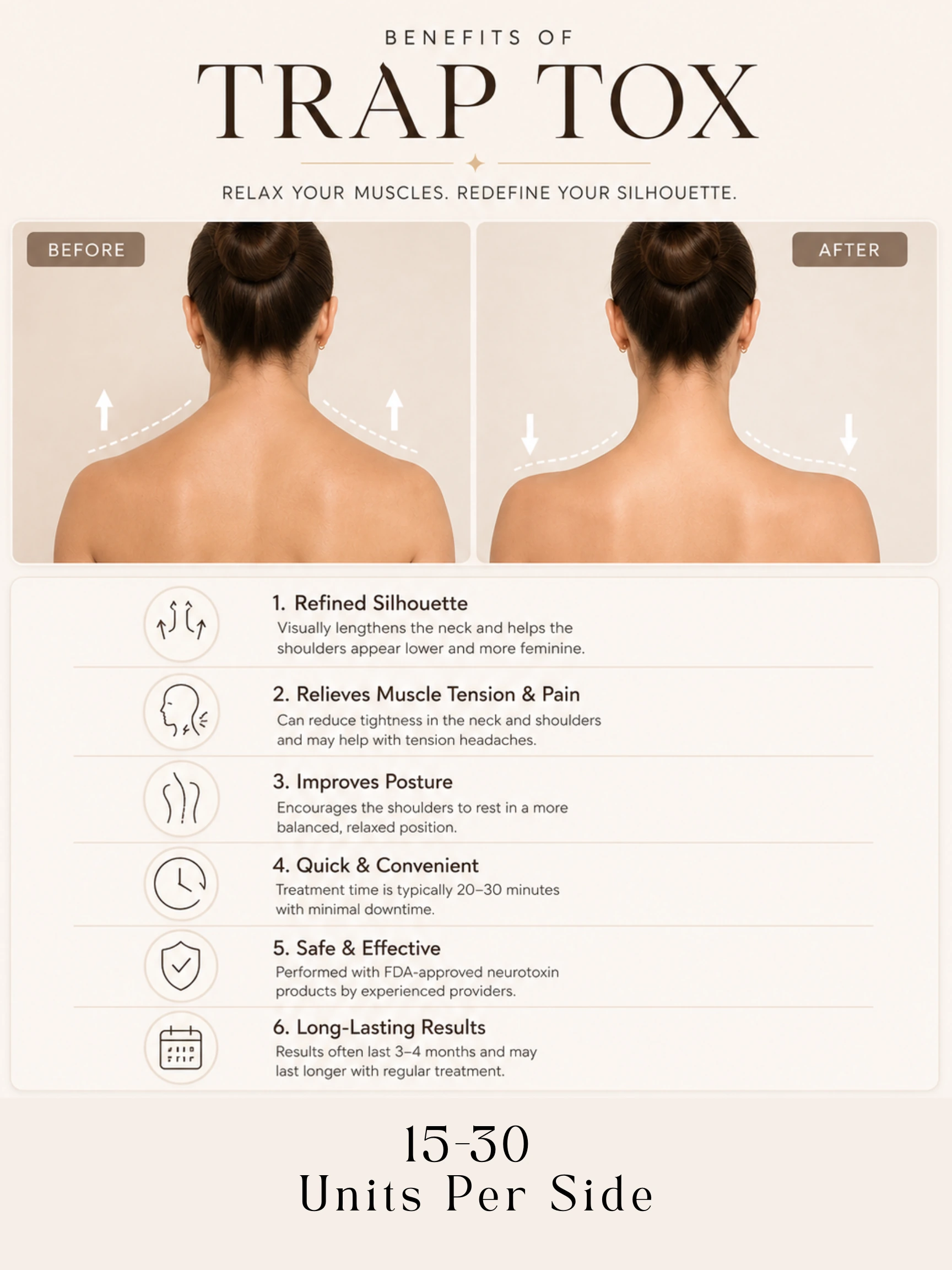 Benefits of Trap Tox at Banyan and Bamboo Austin TX: shoulder and neck tension relief, fewer tension headaches, a longer neckline, better posture, and easier training recovery